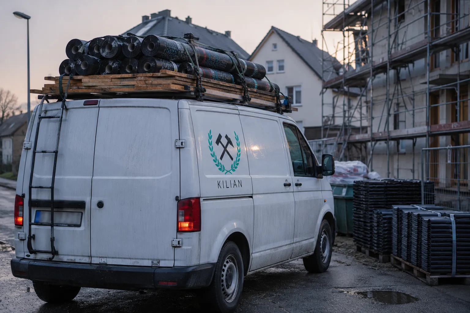 Dachdecker-Transporter mit Bitumen-Rollen und Sicherungstechnik – Servicefahrzeug für Dacharbeiten