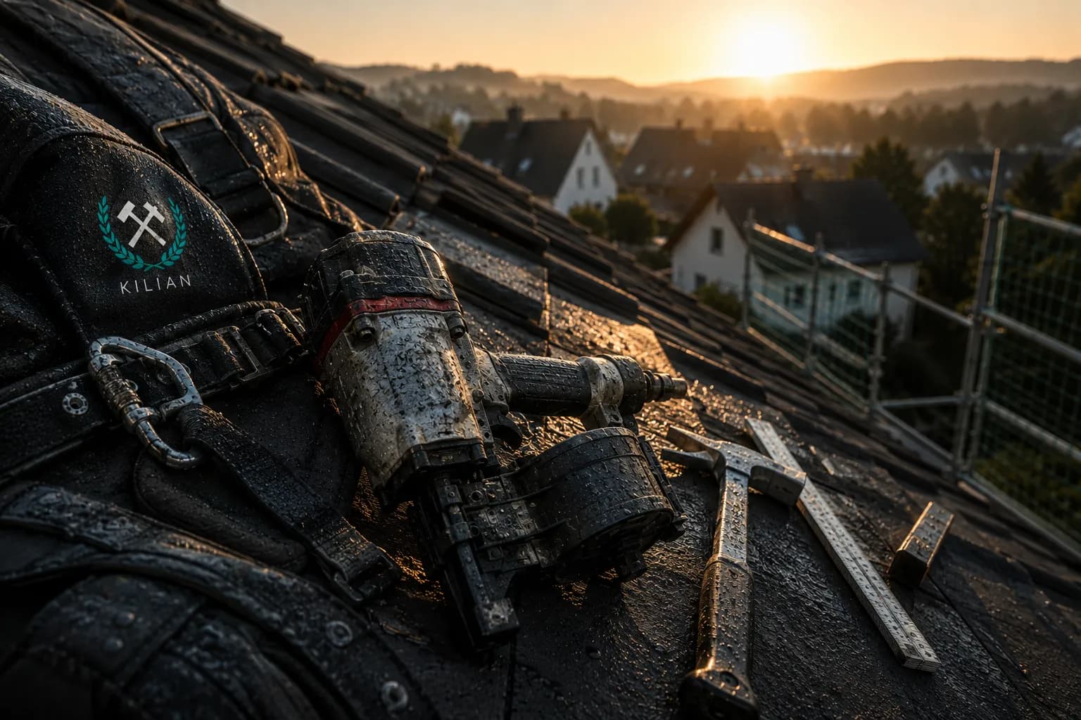 Dachdecker-Werkzeug: Schiefer-Hammer, Sicherungsausrüstung, Maßgeräte – typisches Equipment auf der Baustelle