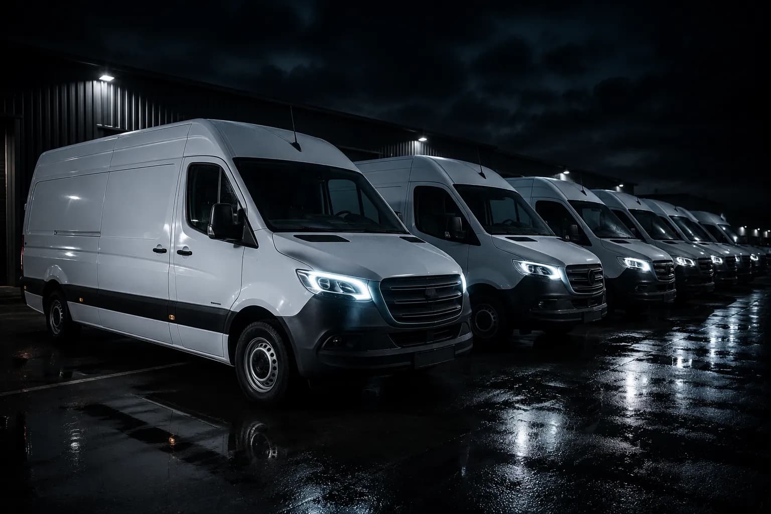 Servicefahrzeug-Flotte eines Elektrobetriebs bei Nacht – Transporter mit Spezialeinbauten für Elektroinstallationen