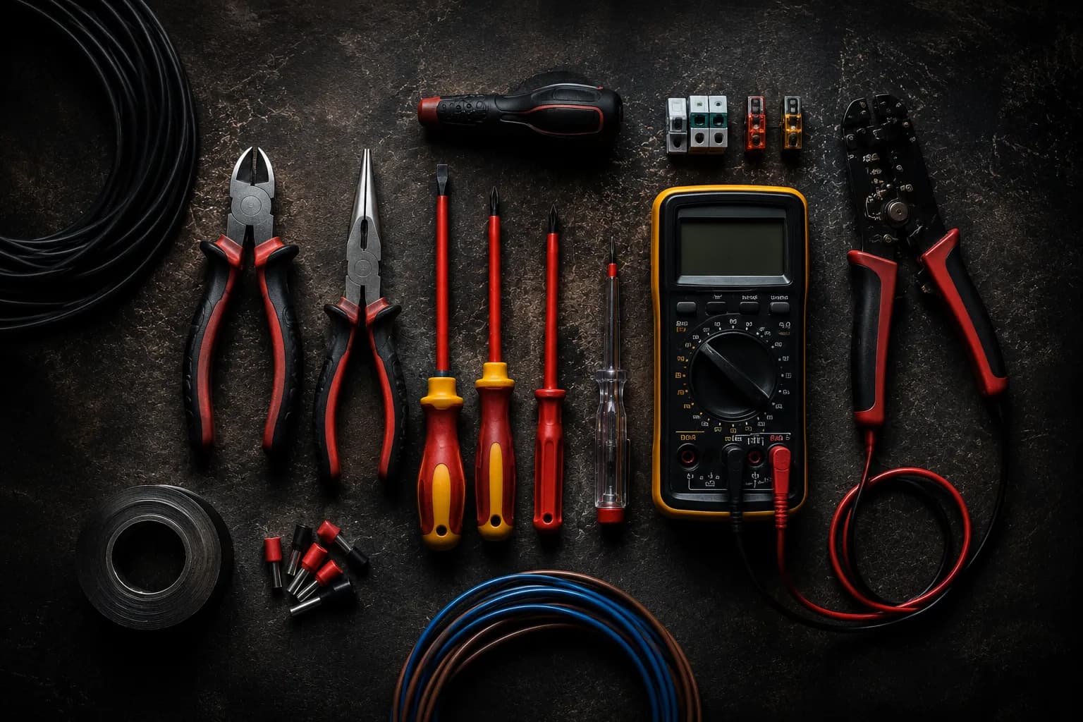 Elektriker-Werkzeug: Multimeter, Zangen, Schraubendreher, Kabel – typische Equipment-Welt eines Elektrobetriebs