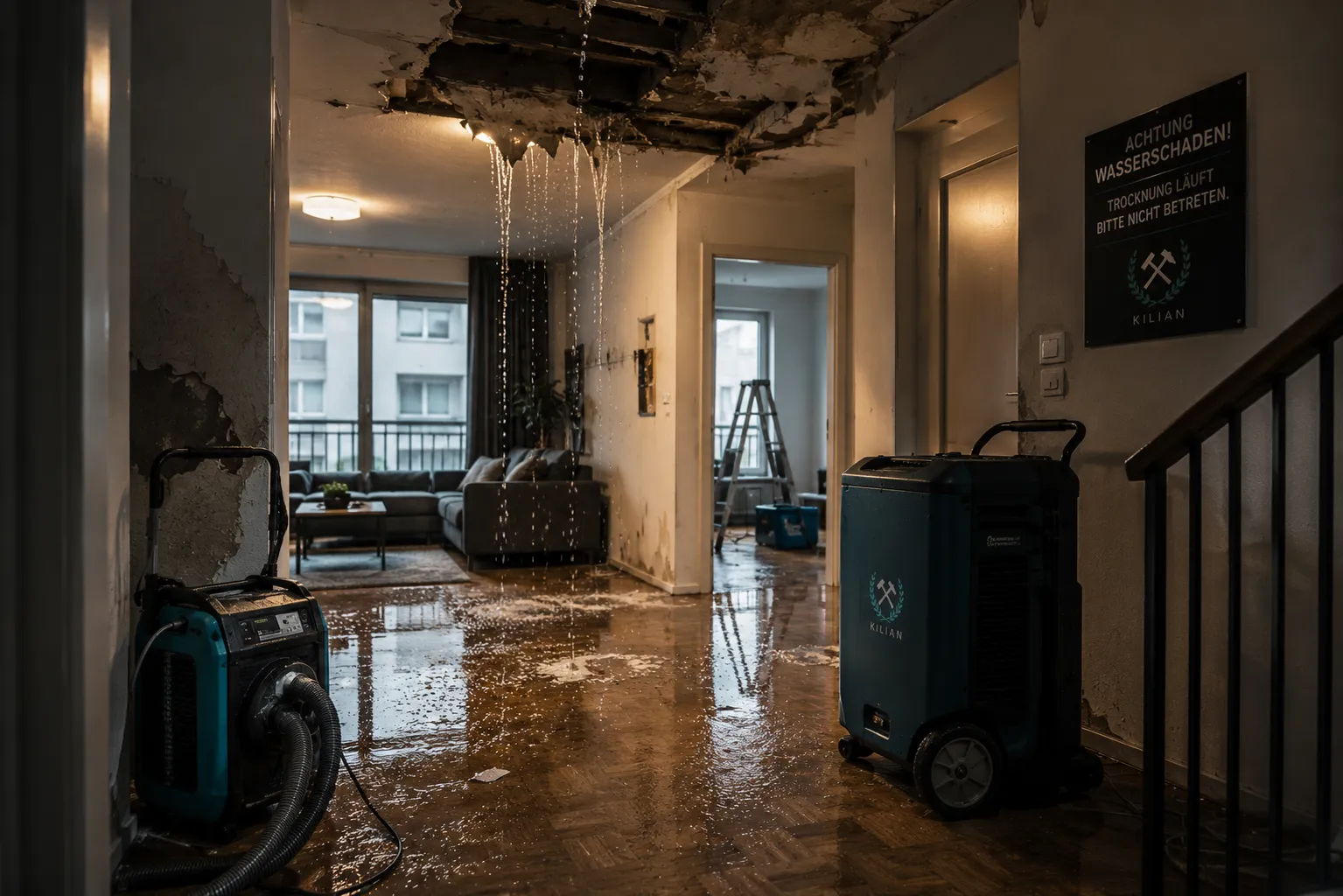 Wasserschaden durch undichte Heizungsleitung im Mehrfamilienhaus – typischer Folgeschaden im SHK-Handwerk
