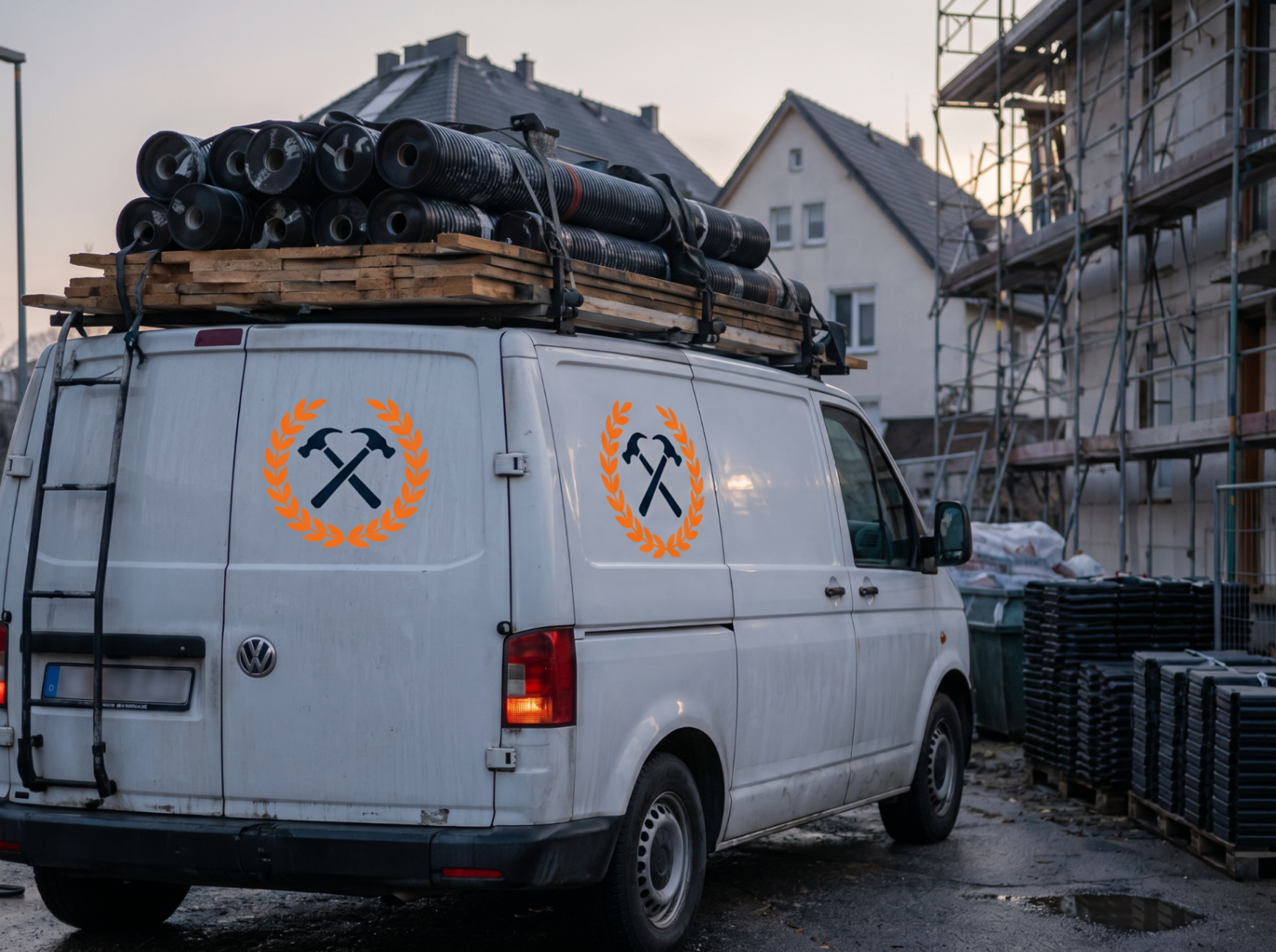 Handwerker-Flotte aus Transportern im Hof
