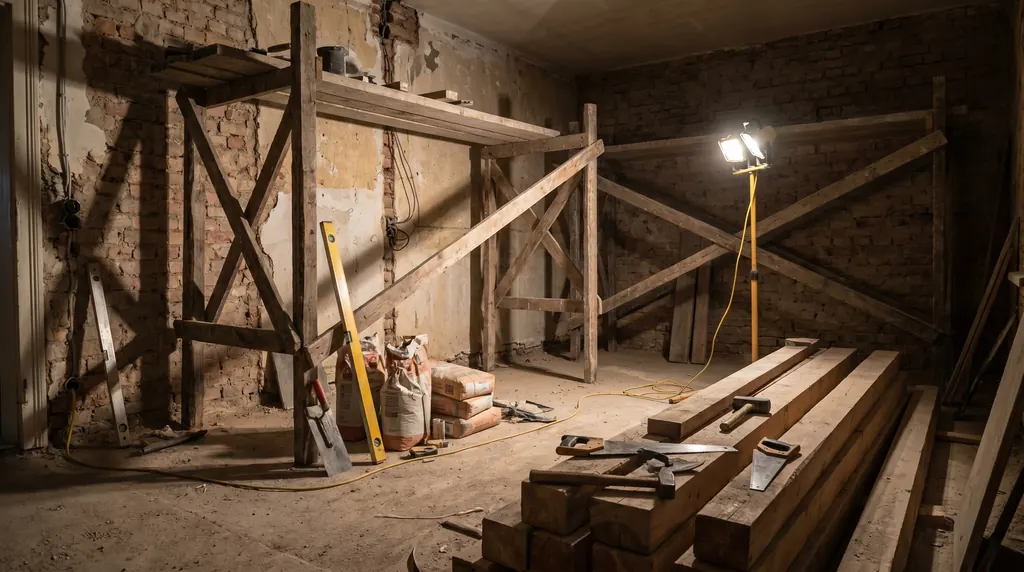 Baustelle im Rohbau mit Werkzeug und Material verschiedener Gewerke