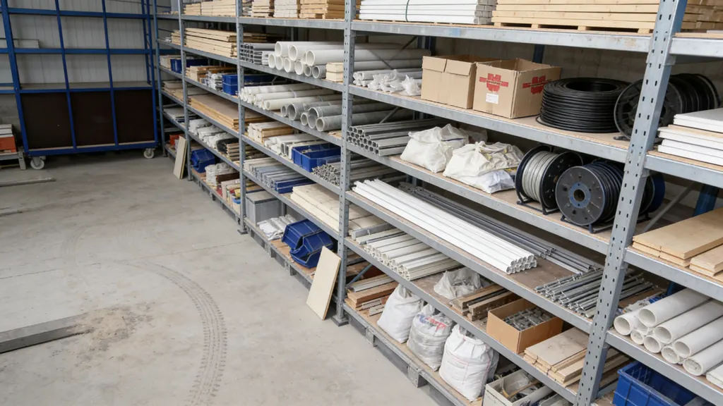 Materiallager eines Handwerksbetriebs mit Rohren, Kabeltrommeln und Baumaterial