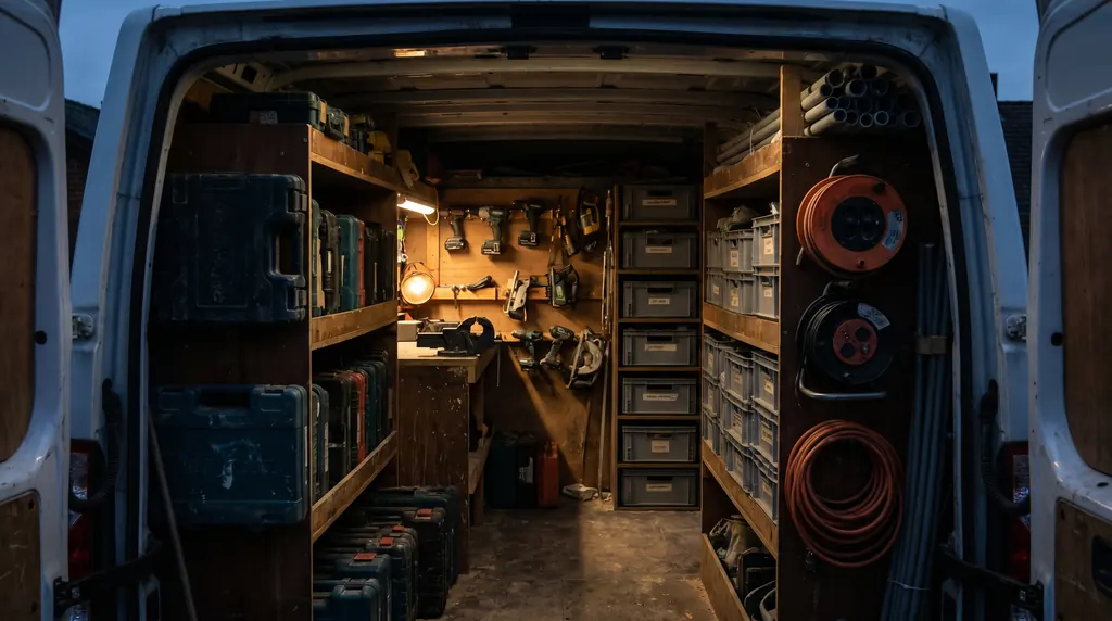 Laderaum eines Handwerker-Transporters mit Regalsystem, Werkzeug und Material
