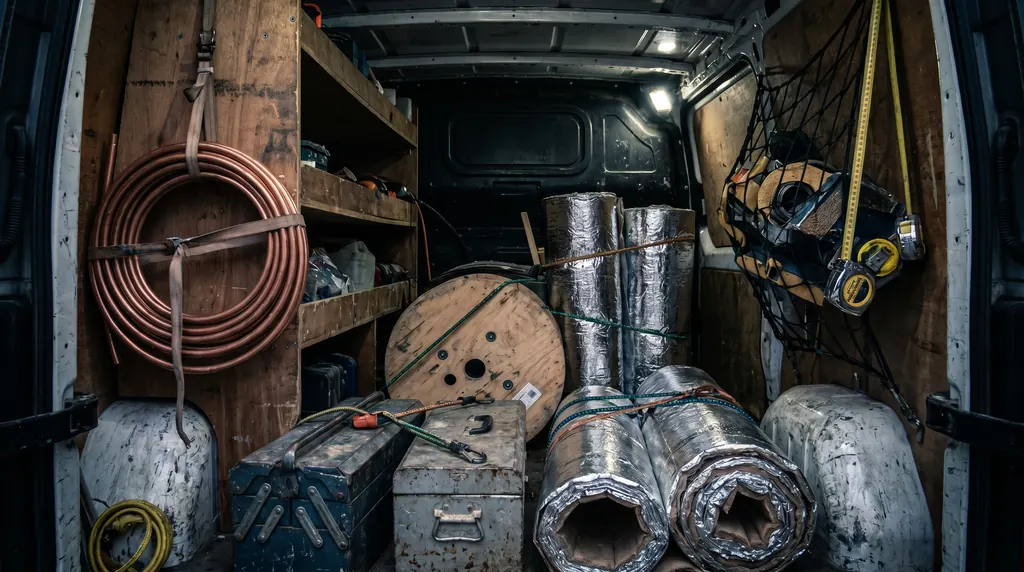 Werkzeug, Kupferrohre und Dämmmaterial im Laderaum eines Transporters