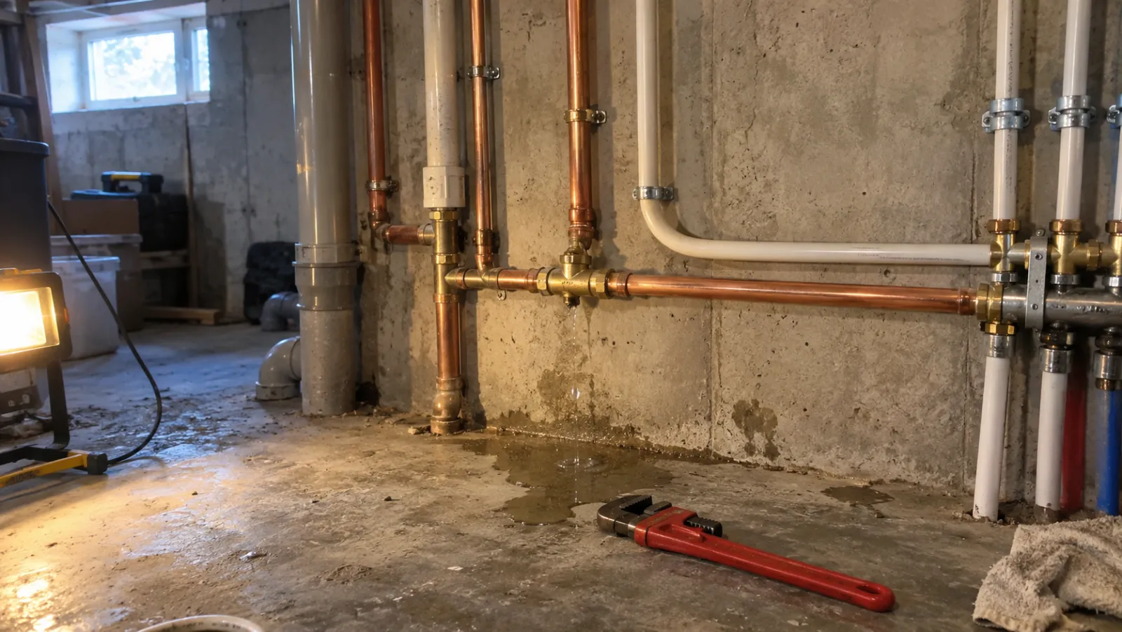 Kellerwand mit frisch verlegten Kupfer- und Verbundrohren, ein Fitting tropft, darunter eine kleine Pfütze und eine Rohrzange