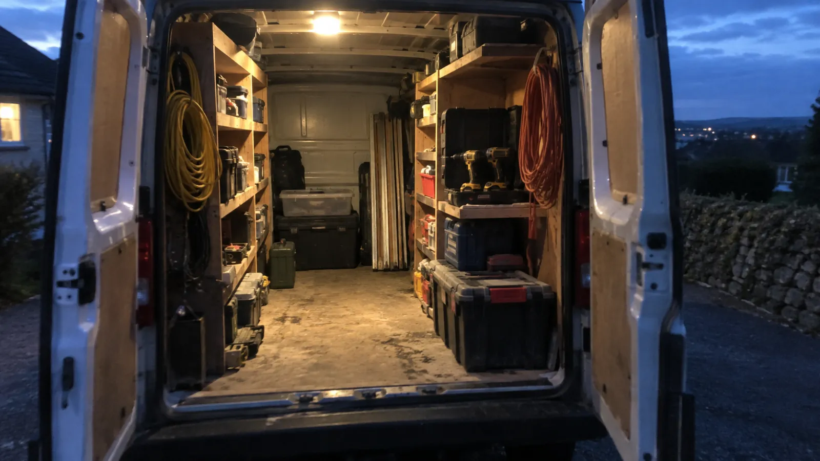 Offener Laderaum eines Transporters in der Dämmerung mit Regalen, Akkuschraubern, Werkzeugkoffern und Kabeltrommeln